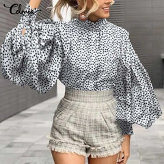 Cotton Polyester Blouse with Aesthetic Print Ruffled Sleeve
