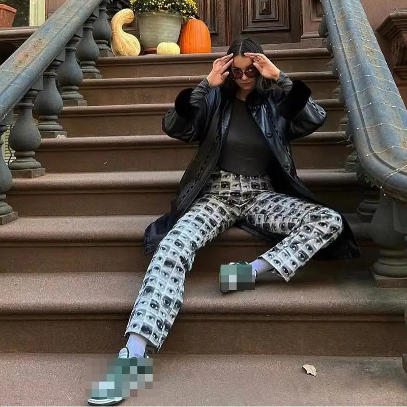 Cotton Polyester Eyes High Waist Baggy Pants