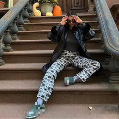 Cotton Polyester Eyes High Waist Baggy Pants