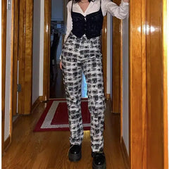 Cotton Polyester Eyes High Waist Baggy Pants White / S