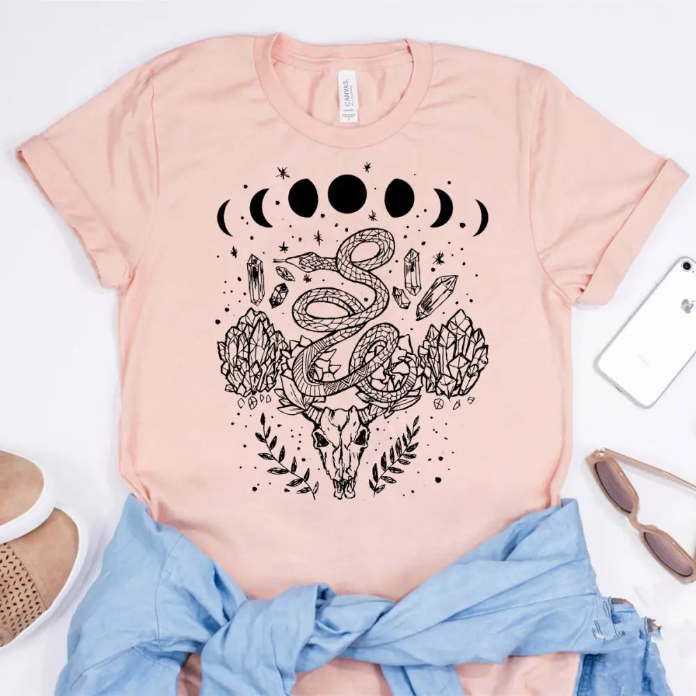 Cotton Polyester O Neck Shirt with Moon Phases Snakes