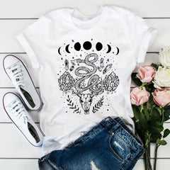 Cotton Polyester O Neck Shirt with Moon Phases Snakes Design