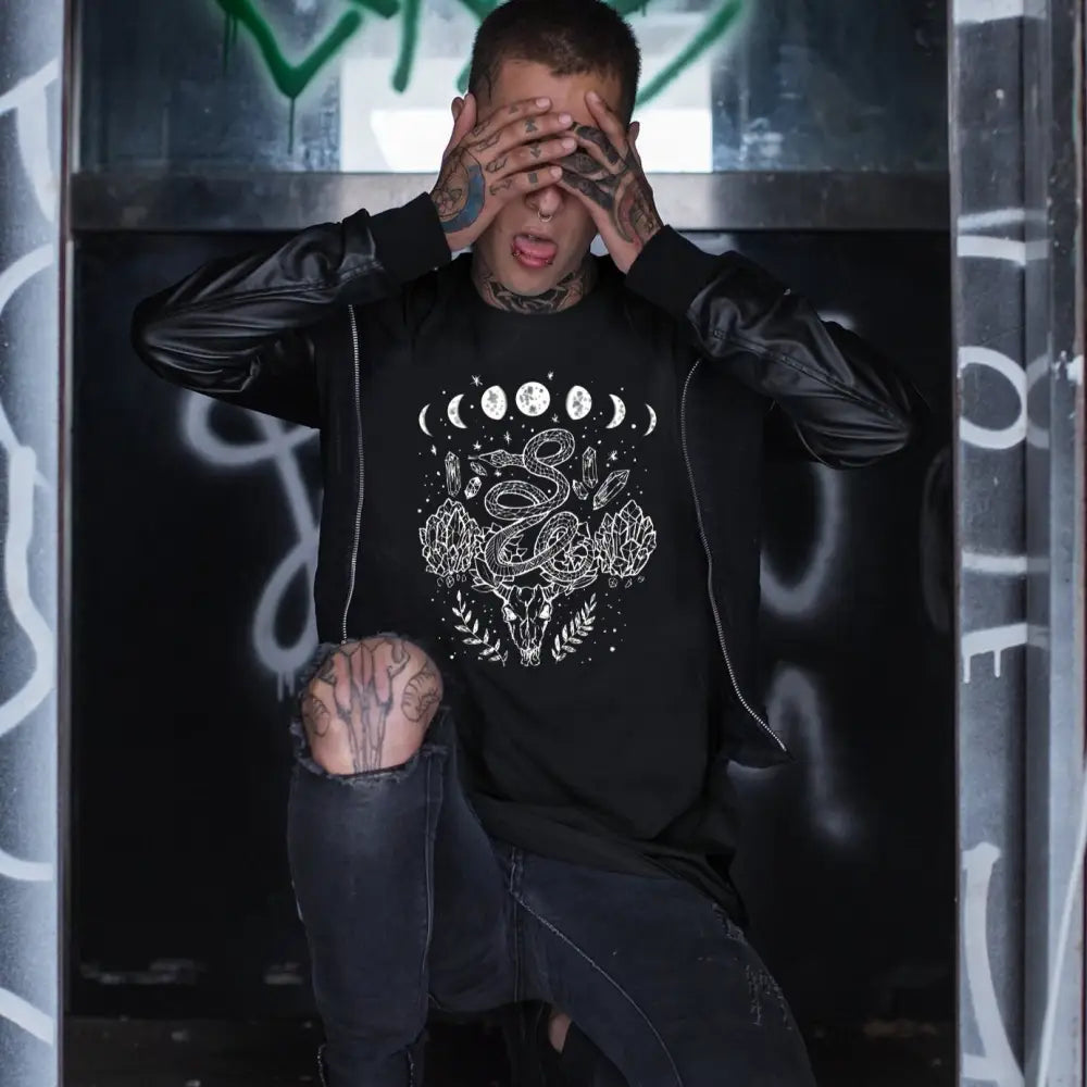 Cotton Polyester O Neck Shirt with Moon Phases Snakes Design