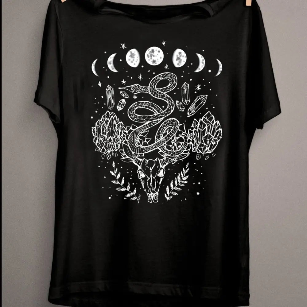 Cotton Polyester O Neck Shirt with Moon Phases Snakes Design