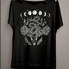 Cotton Polyester O Neck Shirt with Moon Phases Snakes Design