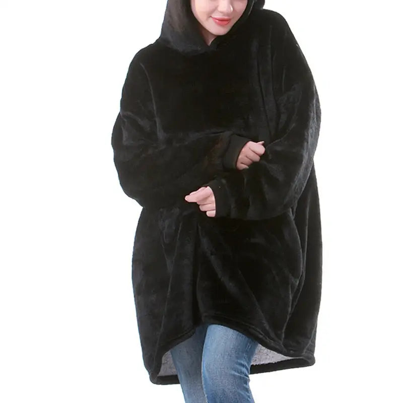 Cotton Polyester Oversize Warm Blanket Hoodie Black 2
