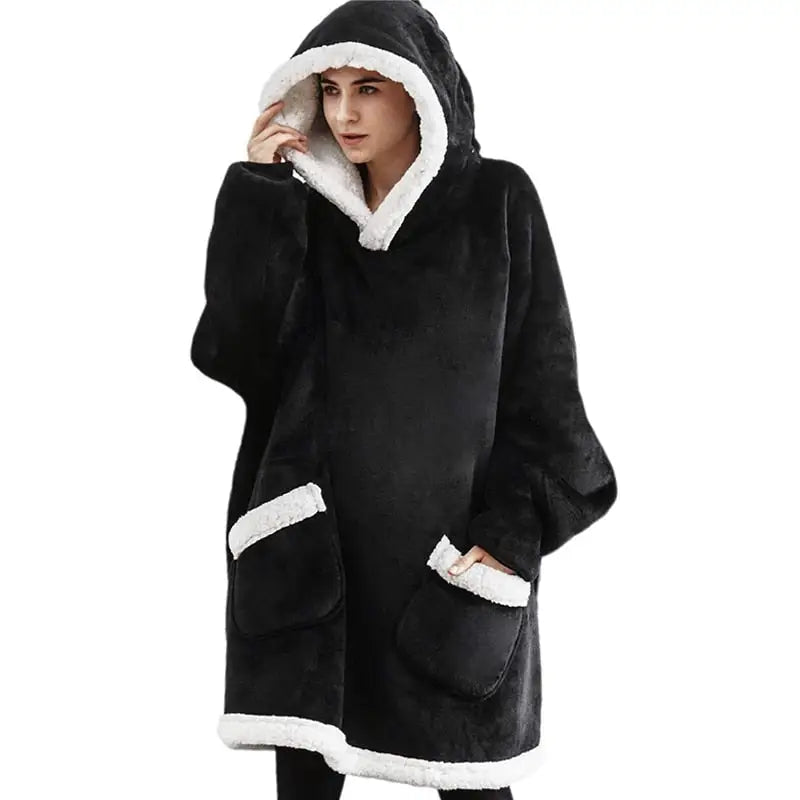 Cotton Polyester Oversize Warm Blanket Hoodie Black 3