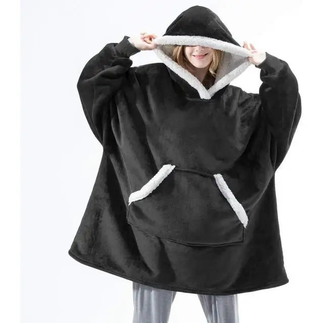 Cotton Polyester Oversize Warm Blanket Hoodie Black