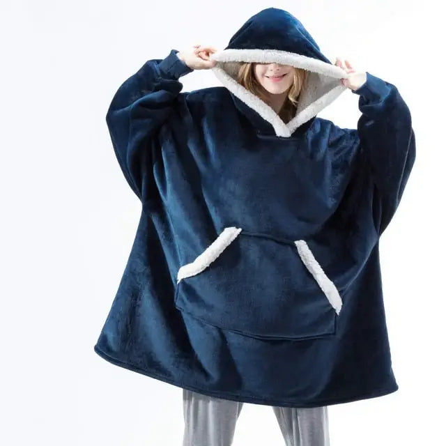 Cotton Polyester Oversize Warm Blanket Hoodie Blue