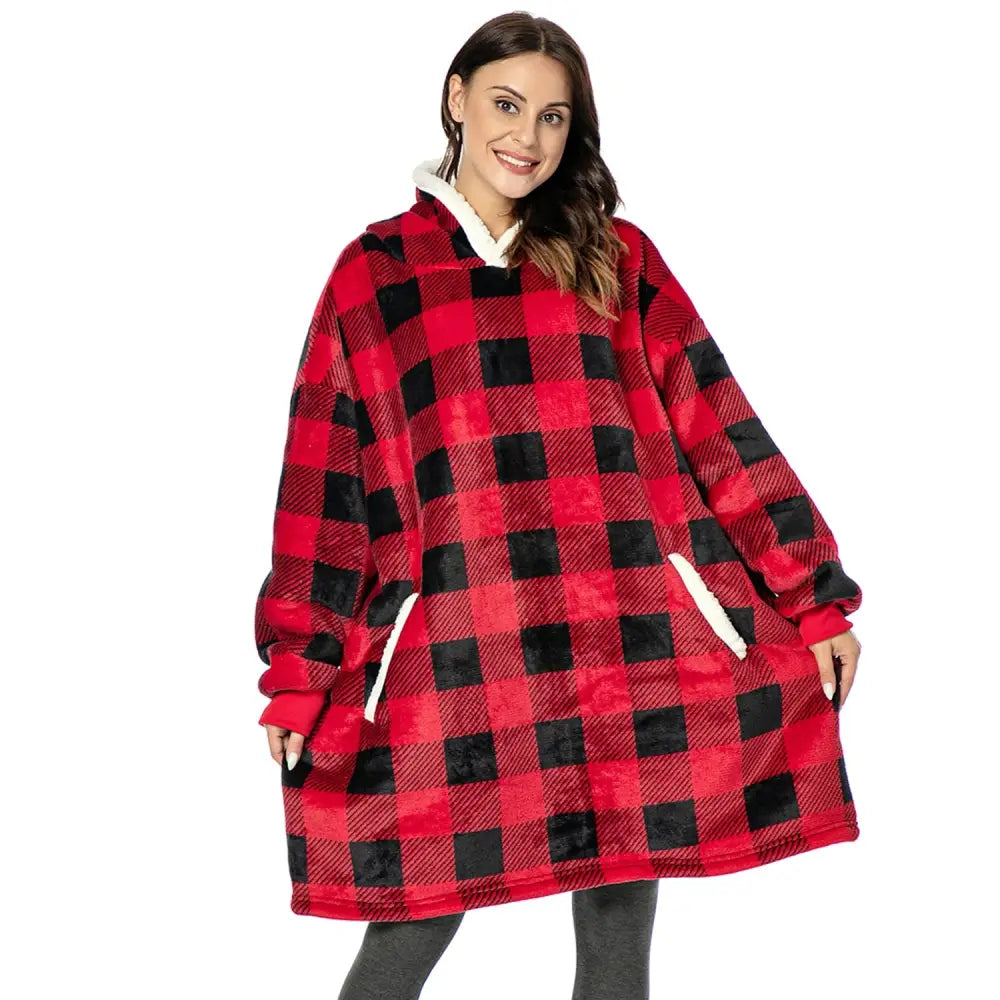 Cotton Polyester Oversize Warm Blanket Hoodie Plaid.
