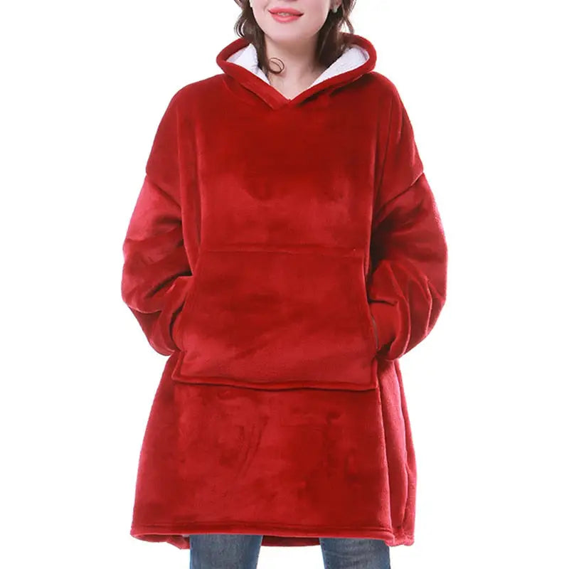 Cotton Polyester Oversize Warm Blanket Hoodie Red 2