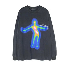 Cotton Psychedelic Oversized Sweatshirt with O Neck Black