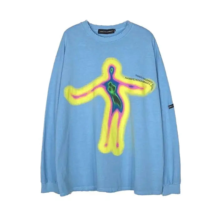 Cotton Psychedelic Oversized Sweatshirt with O Neck Blue / M