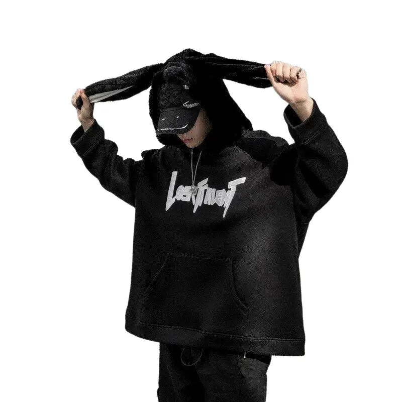 Cotton Rabbit Ears Oversized Hoodie Black / M