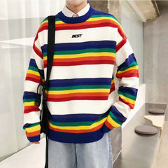 Cotton Rainbow Striped Aesthetic Sweater with Angel Print