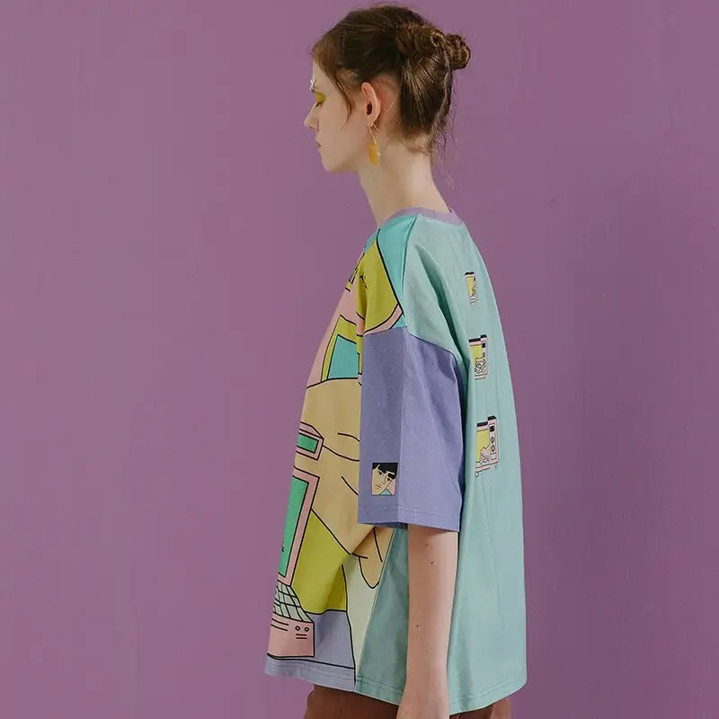 Cotton Retro Bang Carton Mixed Harajuku Loose T Shirt