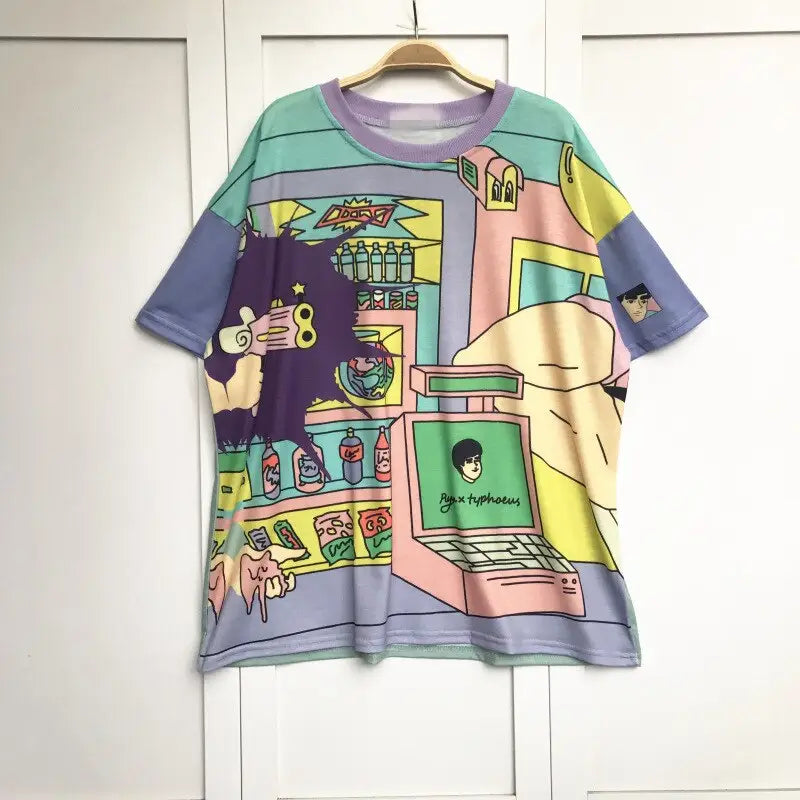 Cotton Retro Bang Carton Mixed Harajuku Loose T Shirt Green