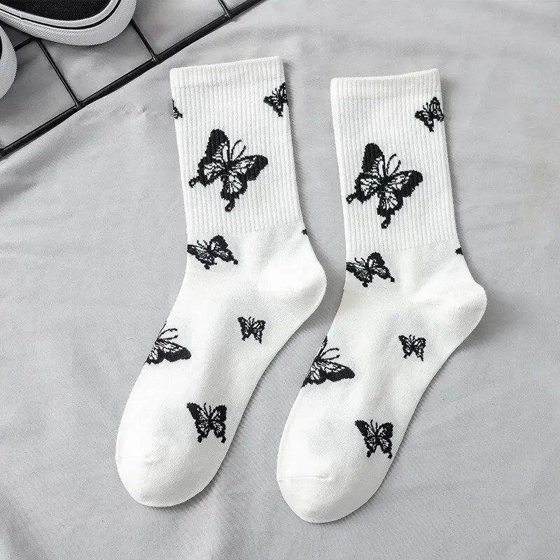 Cotton Socks One Size Coolest Style Butterfly. / Black