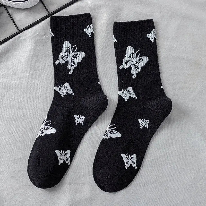 Cotton Socks One Size Coolest Style.Butterfly / Black