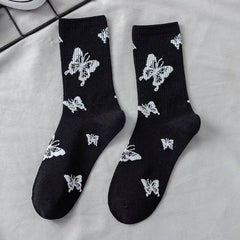 Cotton Socks One Size Coolest Style.Butterfly / Black