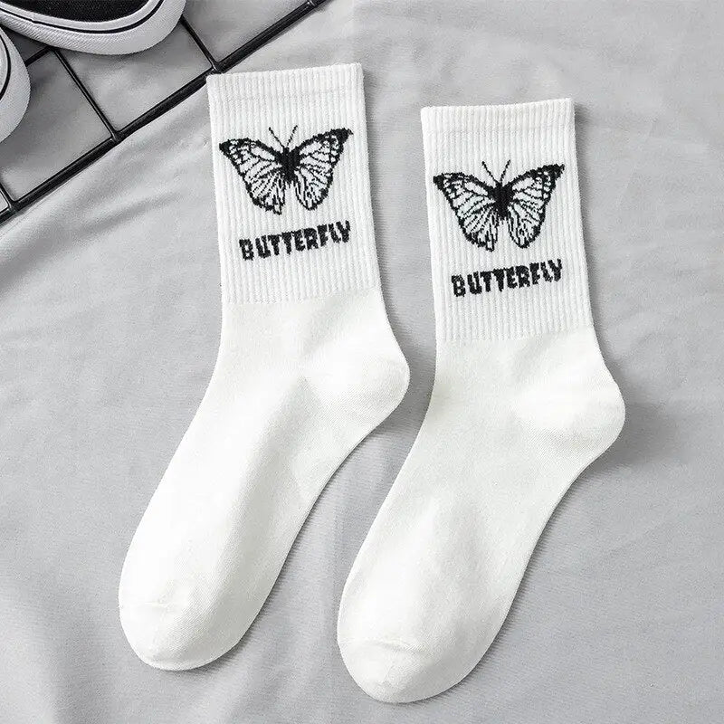 Cotton Socks One Size Coolest Style Butterfly-White