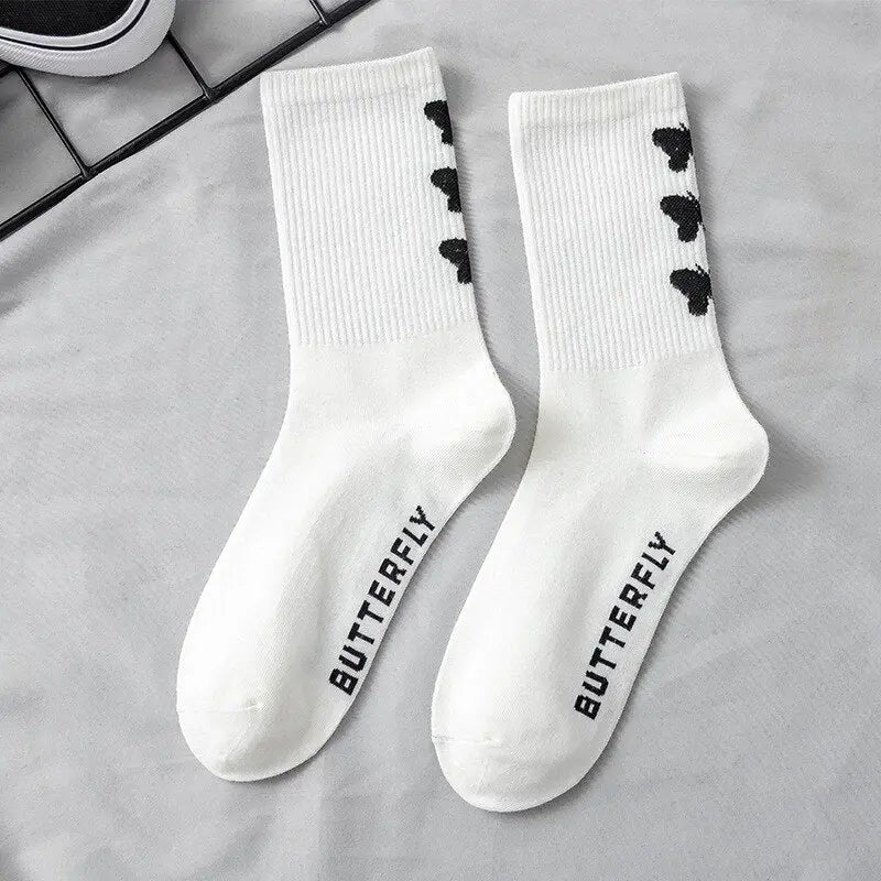 Cotton Socks One Size Coolest Style Butterfly-White / Black