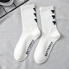 Cotton Socks One Size Coolest Style Butterfly-White / Black