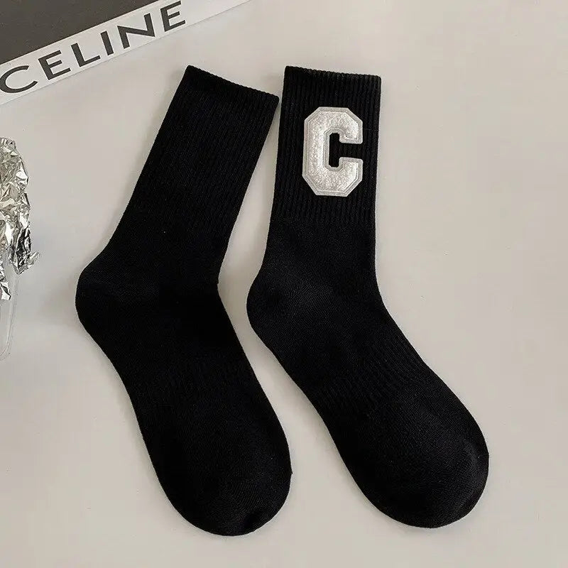 Cotton Solid Color C Letter Socks One Size Tube Height