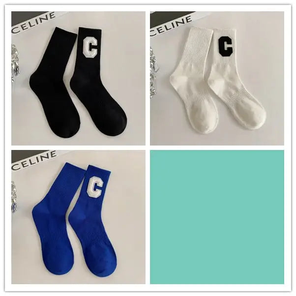 Cotton Solid Color C Letter Socks One Size Tube Height Pack