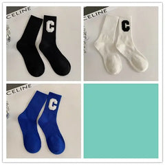 Cotton Solid Color C Letter Socks One Size Tube Height Pack