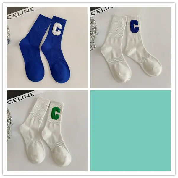 Cotton Solid Color C Letter Socks One Size Tube Height Pack
