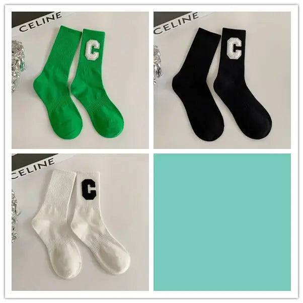 Cotton Solid Color C Letter Socks One Size Tube Height Pack