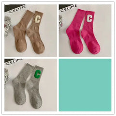 Cotton Solid Color C Letter Socks One Size Tube Height Pack