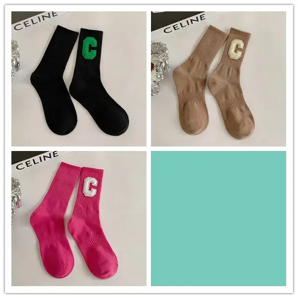 Cotton Solid Color C Letter Socks One Size Tube Height Pack