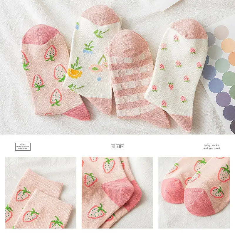 Cotton Style Socks With Strawberries and Flowers