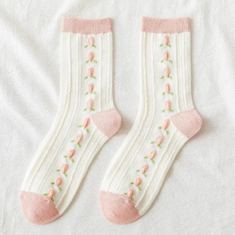 Cotton Style Socks With Strawberries and Flowers - Long