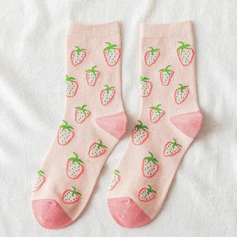 Cotton Style Socks With Strawberries and Flowers - Pink