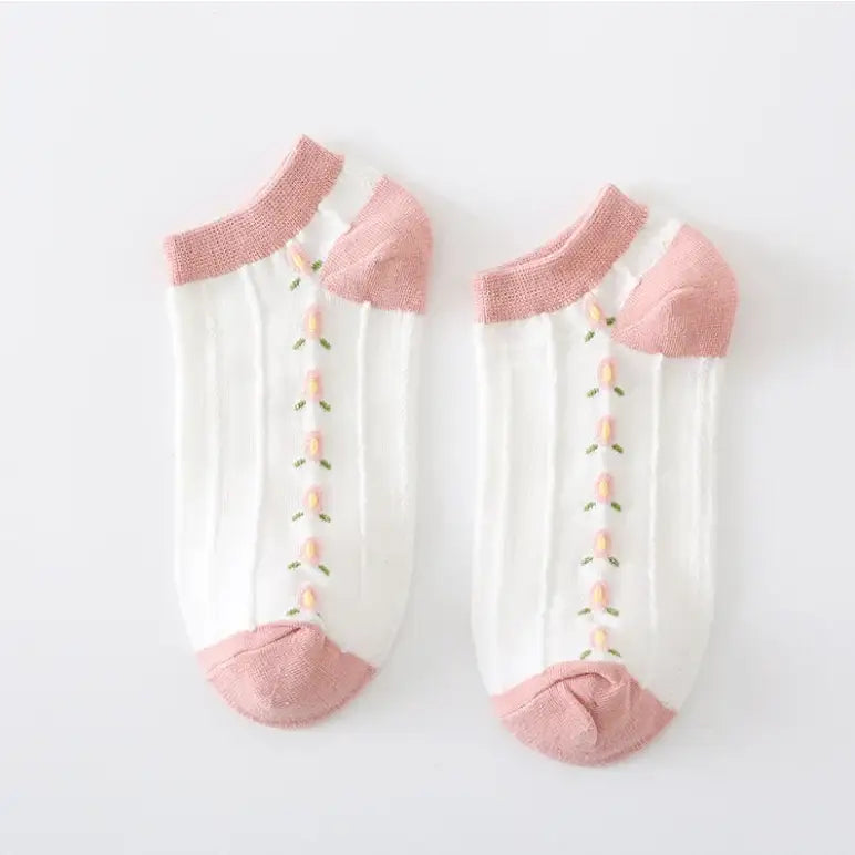 Cotton Style Socks With Strawberries and Flowers - Short