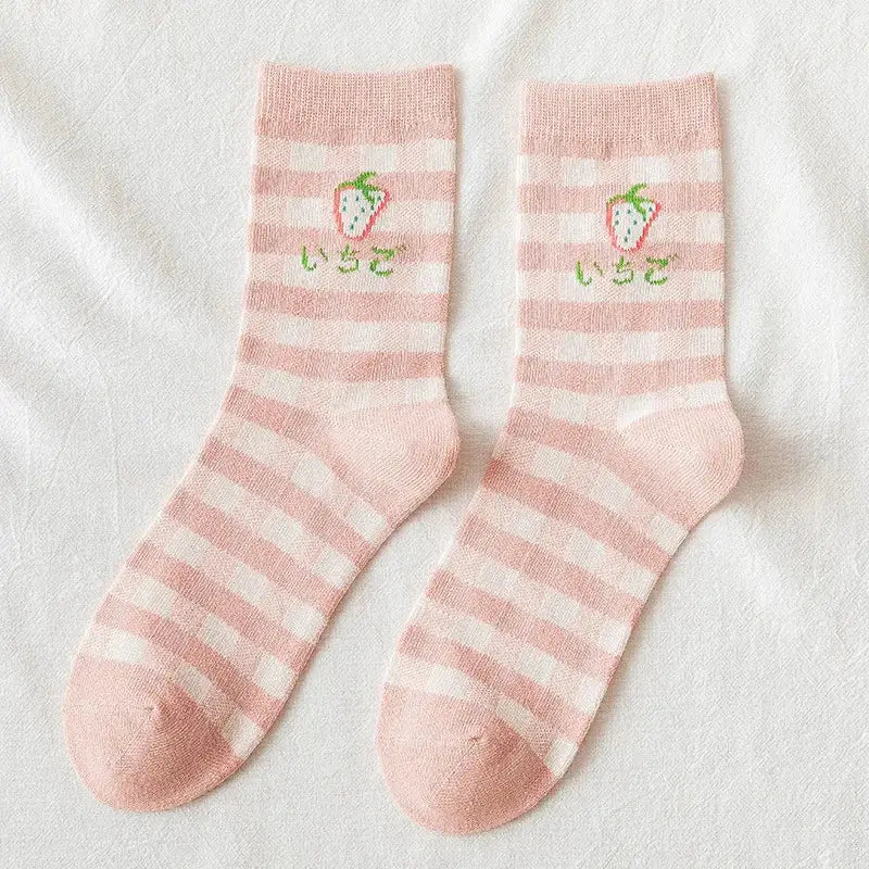 Cotton Style Socks With Strawberries and Flowers - Striped