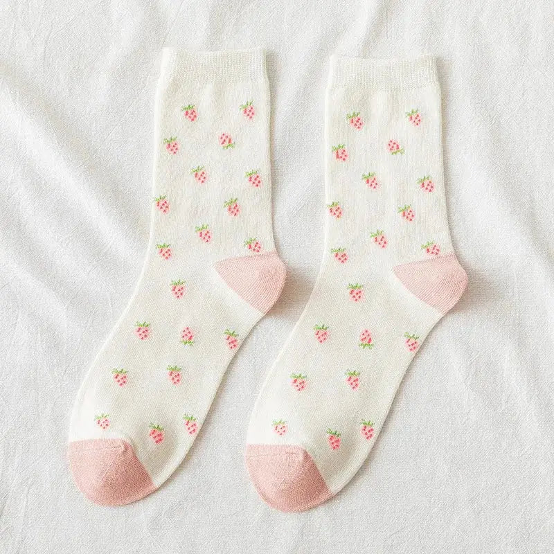 Cotton Style Socks With Strawberries and Flowers - White