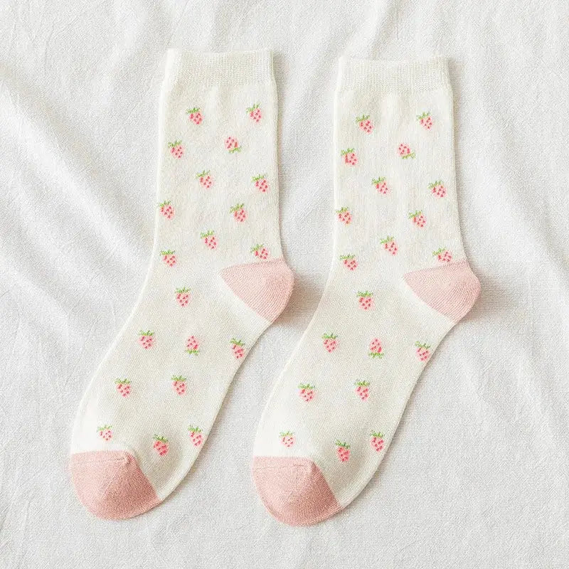 Cotton Style Socks with Strawberries and Flowers White