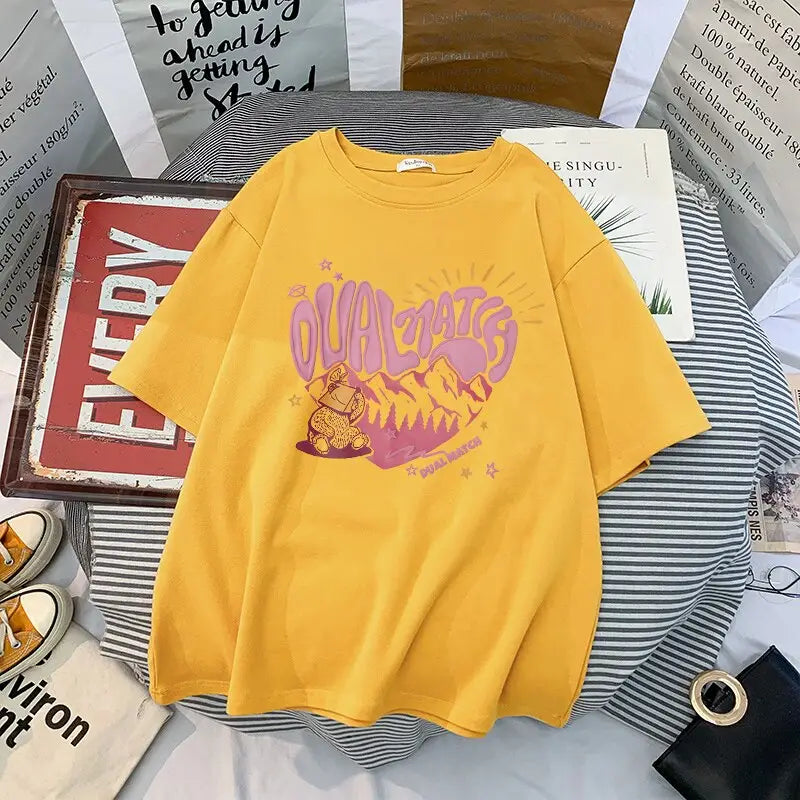 Cotton T Shirt Dual Match Heart Style Printed Design Yellow