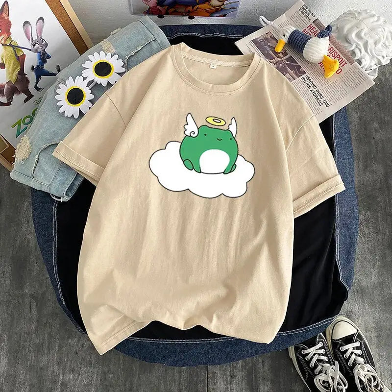 Cotton T-Shirt Kawaii Design Frog Angel Beige / S