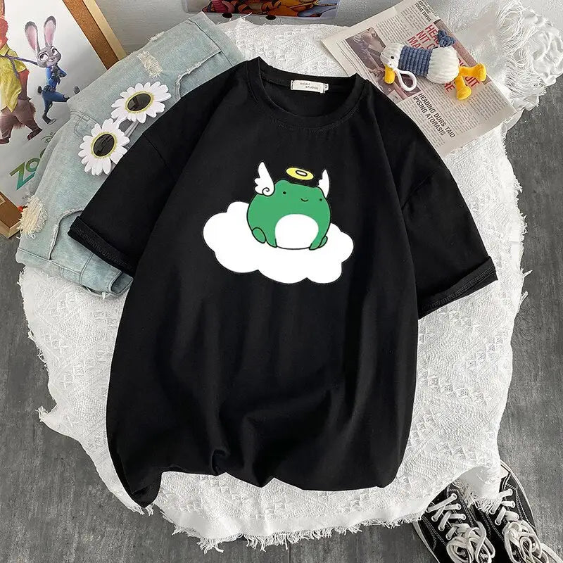 Cotton T-Shirt Kawaii Design Frog Angel Black / S