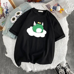 Cotton T-Shirt Kawaii Design Frog Angel Black / S