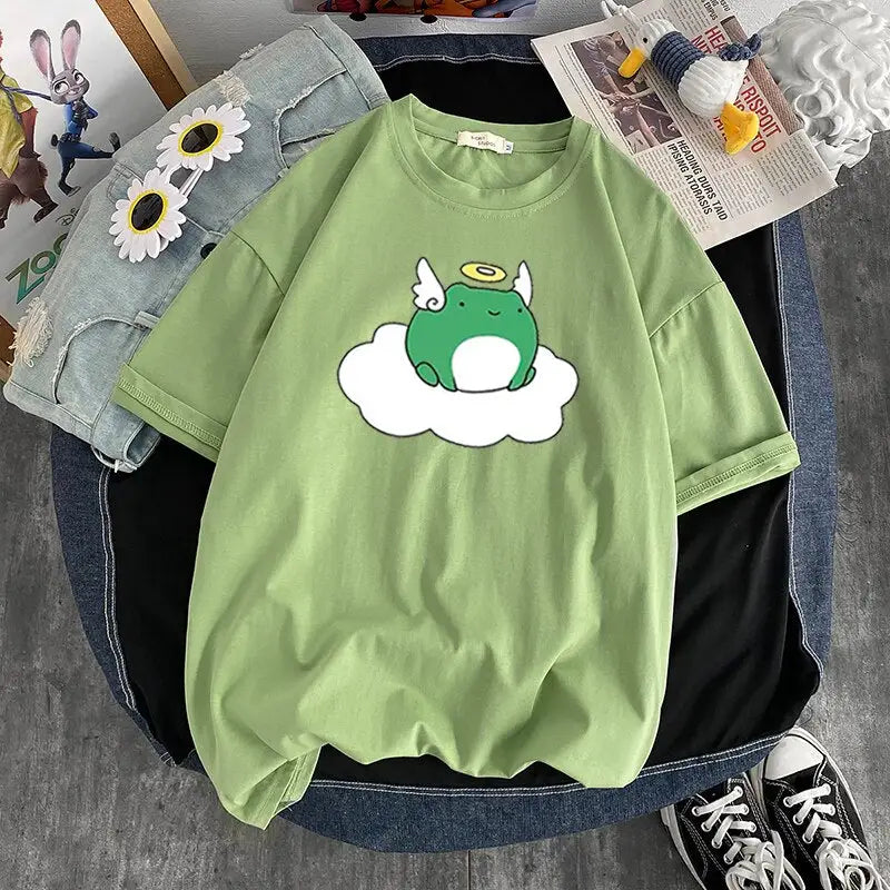 Cotton T-Shirt Kawaii Design Frog Angel Green / S