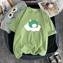 Cotton T-Shirt Kawaii Design Frog Angel Green / S