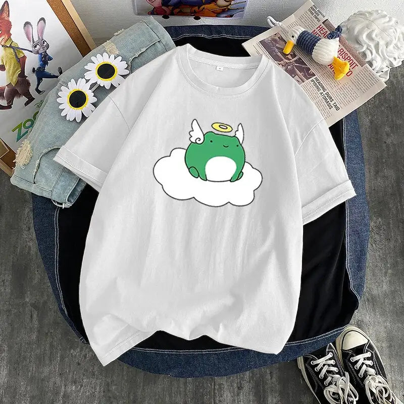 Cotton T-Shirt Kawaii Design Frog Angel Grey / S
