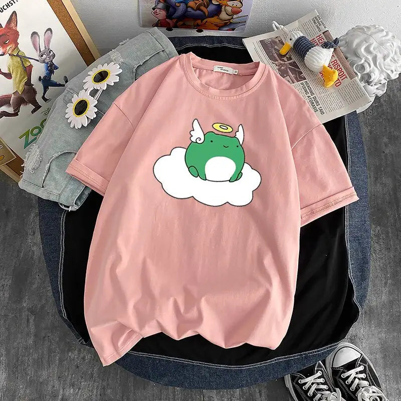 Cotton T-Shirt Kawaii Design Frog Angel Pink / S