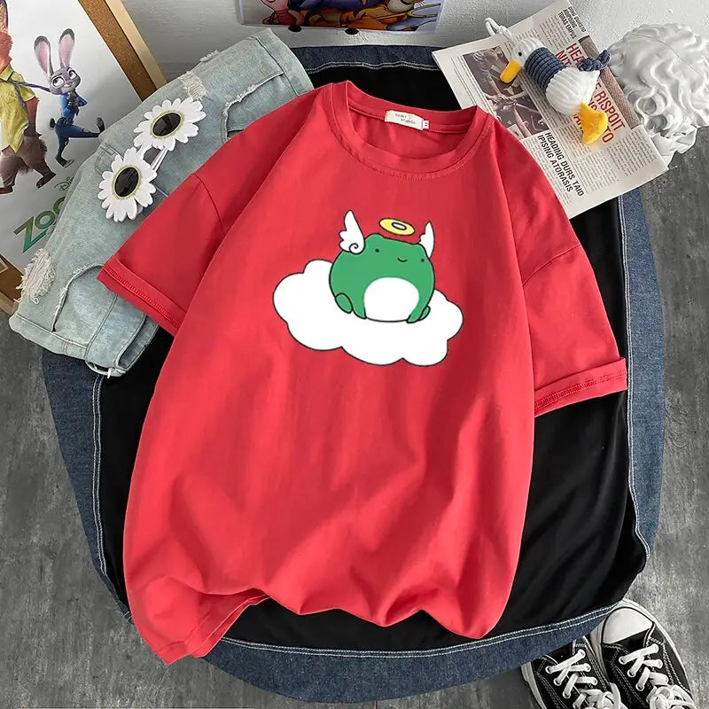 Cotton T-Shirt Kawaii Design Frog Angel Red / S